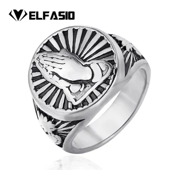 

Elfasio Religious Prayer Hands Rings for Men Silver Color Stainless Steel Blessed Sacred Vintage Jewelry