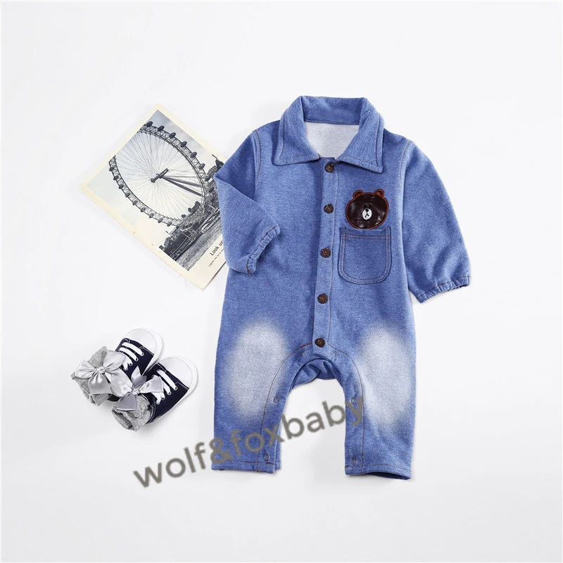 Розничная, для детей от 0 до 12 месяцев, с длинными рукавами, для новорожденных, для детей, для альпинизма, хлопковая одежда для малышей, имитация джинсовой одежды - Цвет: Синий