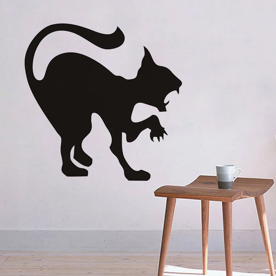 Страшная черная кошка наклейка на стене Хэллоуин украшение Hissing Cat виниловая