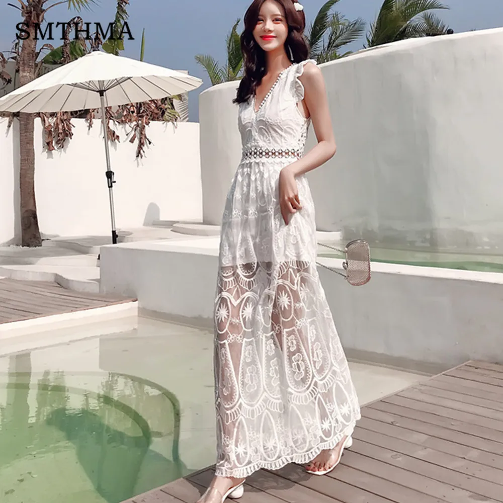 

SMTHMA HIGH QUALITY New Fashion 2019 New Summer Bohemia Maxi Dress Women's Sexy backless Embroidery mesh Beach Dresses