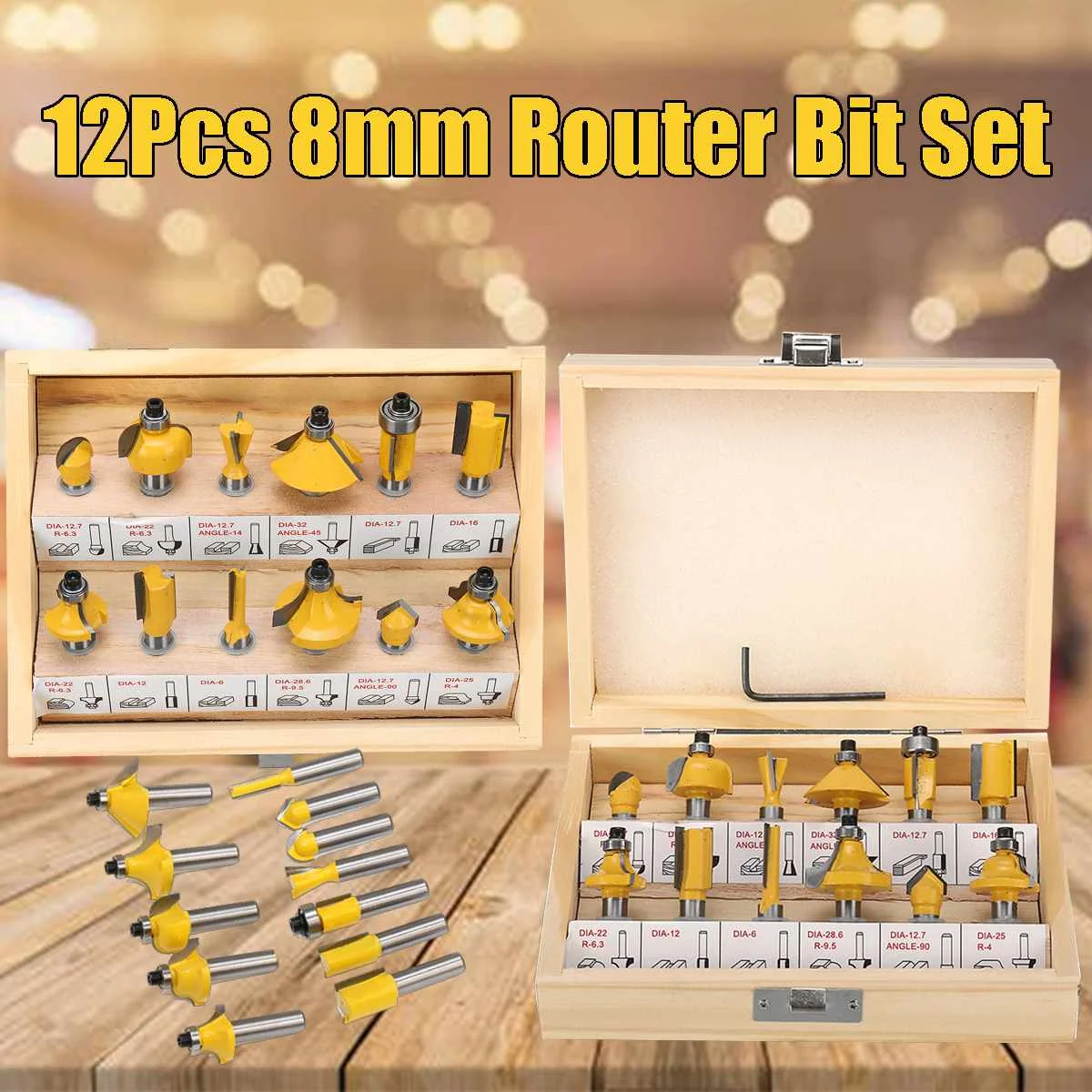 

12Pcs Milling Cutter Carbide 8mm Wood Router Bit Set for Woodworking Engraving Carving Cutting Electric Trimmer Tools+Wrench/Box