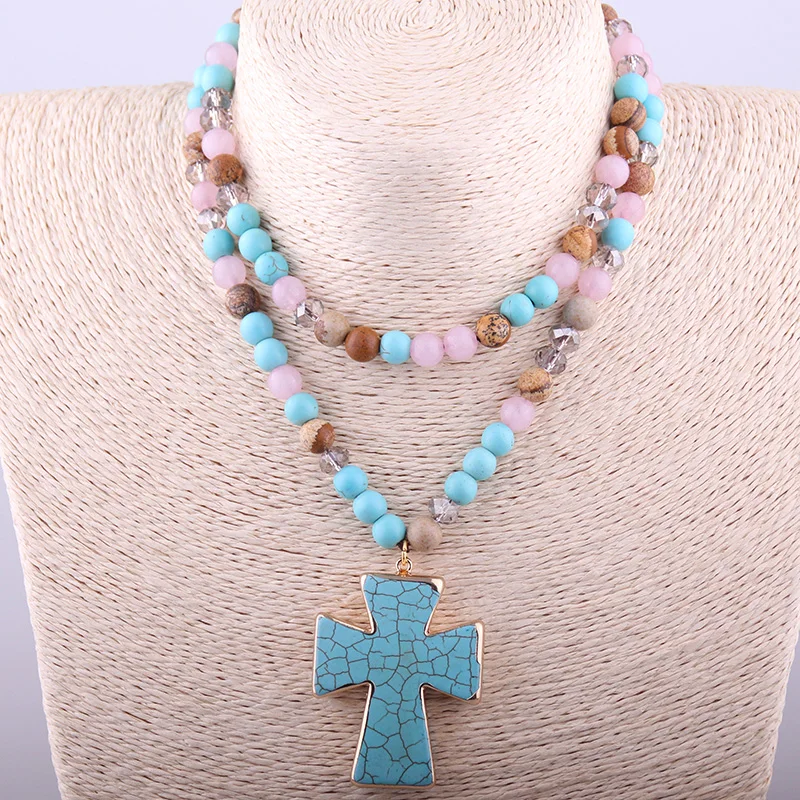 

Free Shipping Bohemian Jewelry Fashion Multi Color Natural Semi Precious Stone Cross Necklace