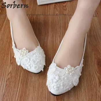 

Sorbern Cute Pearl Flowers Lace Wedding Shoes Flat Heels Comfortable Patent Leather Bridal Shoes Flat Lace Appliques Beads 2018