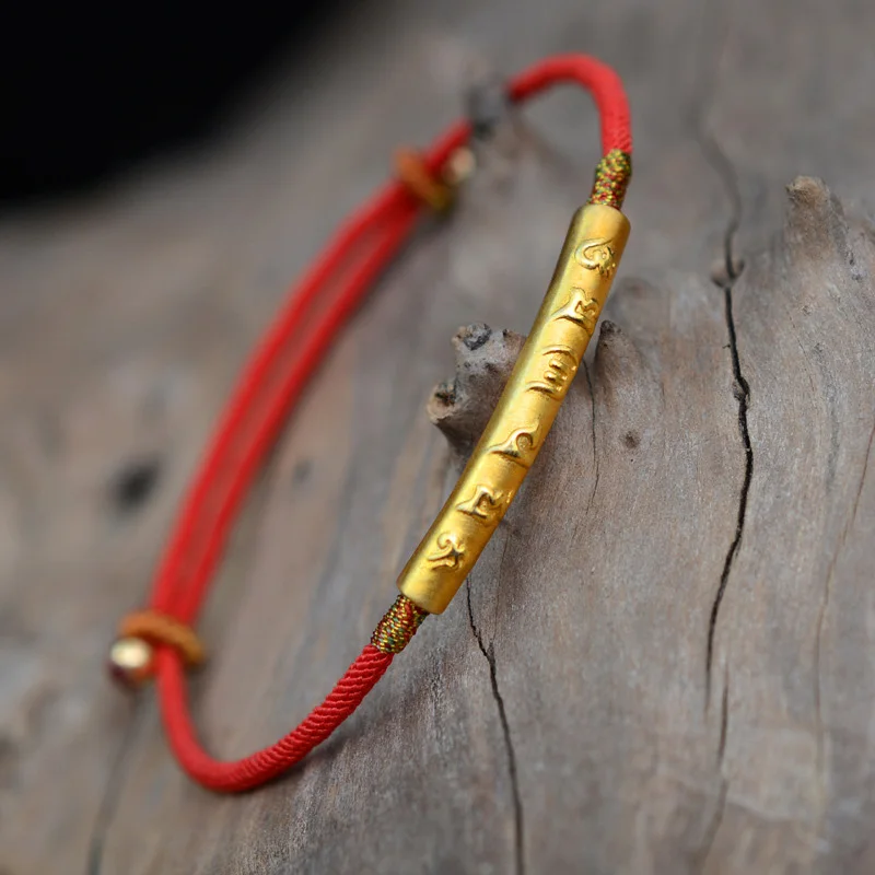 Comprar Plata de Ley 999 Color dorado hecho a mano fina pulsera de cadena roja para mujer seis palabras grabadas oración del mantra joyería budista
