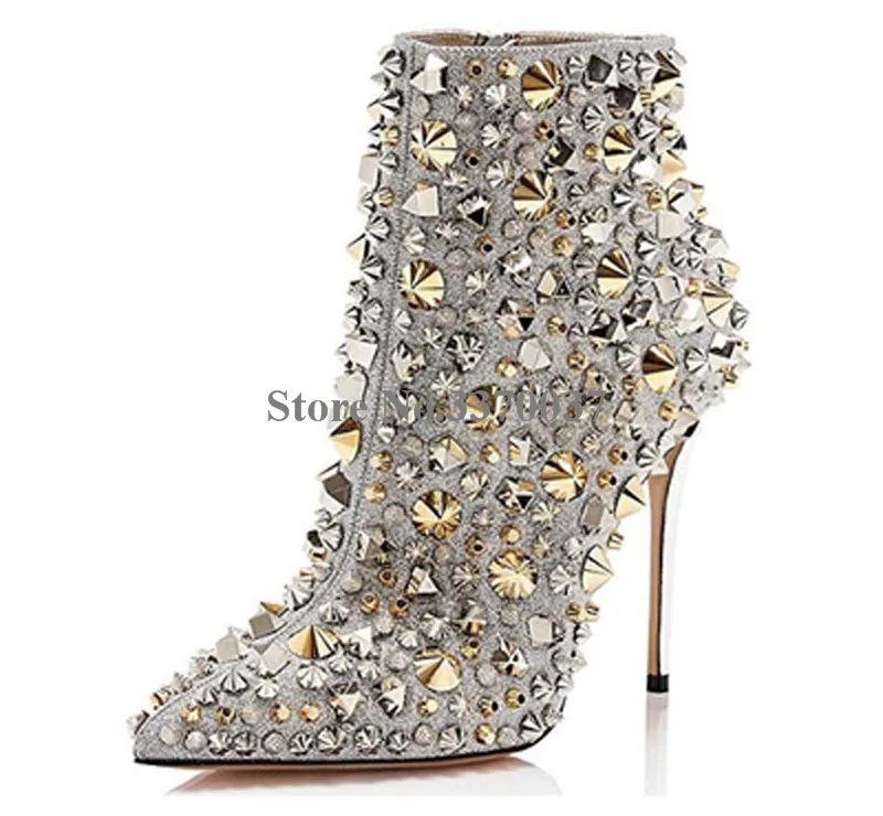 Botines Oro Plata Tacón Remache Fino Alto Sexy Botas Mujeres Punta Las Pico Estilo Con Corto Encantador q6nXw1w4U