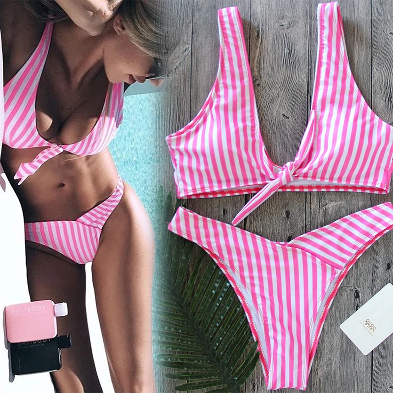 

P&j red stripe Swimwear Women New 2017 Ruffle top high waisted bikini Vintage Bikinis Swimsuit Bandage Striped Bottom bikini