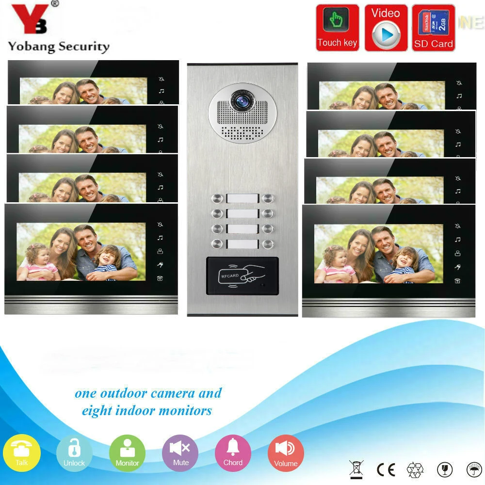 

YobangSecurity 7 Inch Video Door phone Doorbell Intercom Monitor System RFID Card With Video Recording SD Card For 8 Apartment