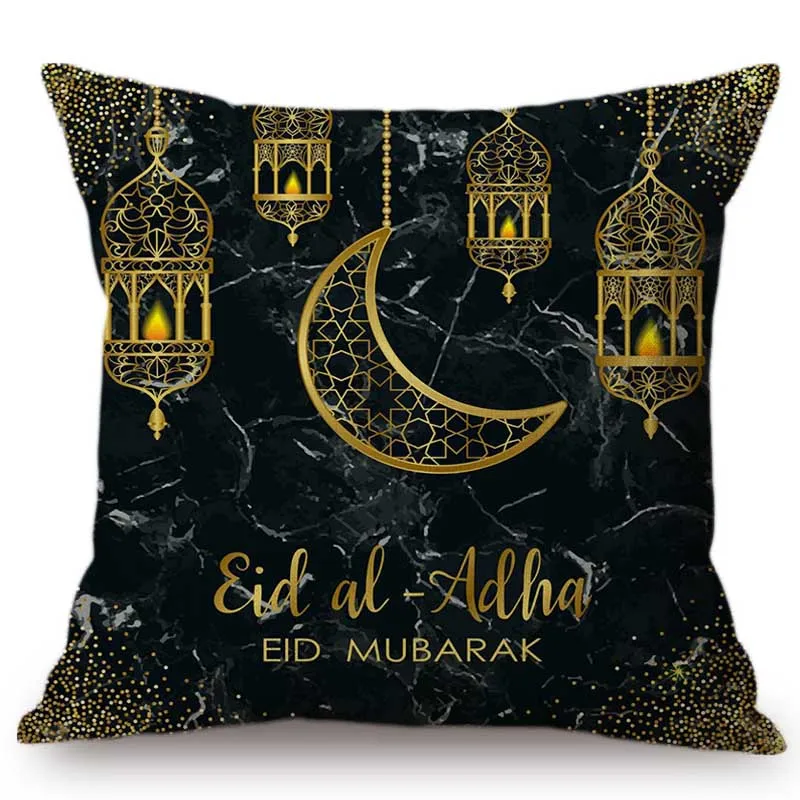 

Eid Mubarak Black Marble Texture Muslim Islamic Theme Decoration Pillow Case Linen Islam Mosque Lantern Design Cushion Cover