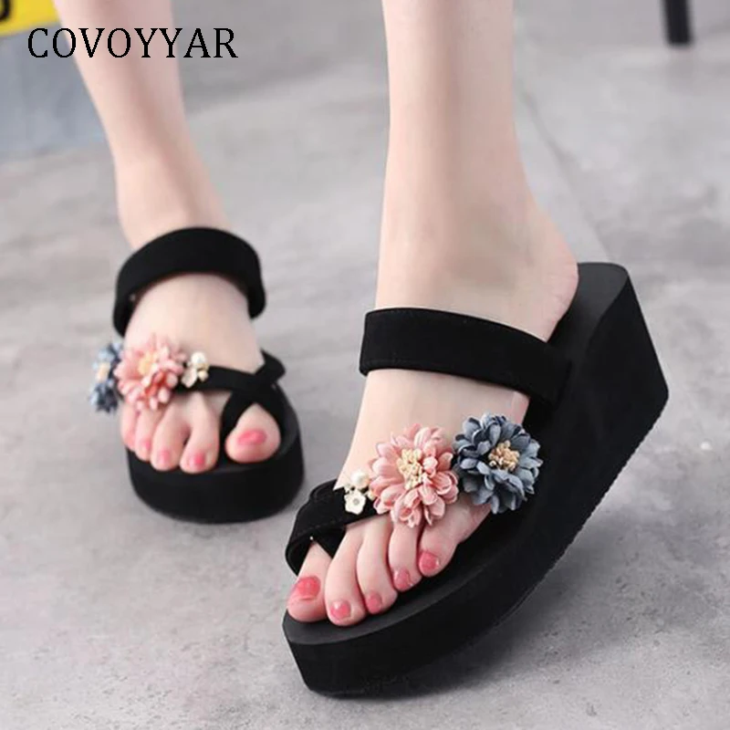 

COVOYYAR 2019 Beach Flip Flops Women Summer sweet Flowers Pearl Women Slides Platform Wedges Shoes Outsides Slippers WSL531