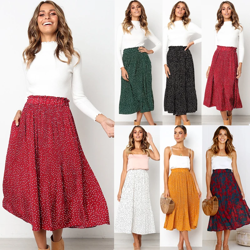 Новая модная женская летняя повседневное свободное пляжное платье в горошек с цветочным принтом длинная юбка макси с высокой талией