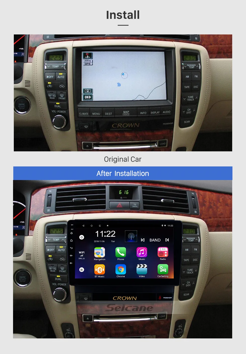 Best Seicane 9" Android 8.1 1+16G 8-Core GPS Car Radio For 2010 2011 2012 2013 2014 Toyota old crown Head Unit Multimedia Player 2