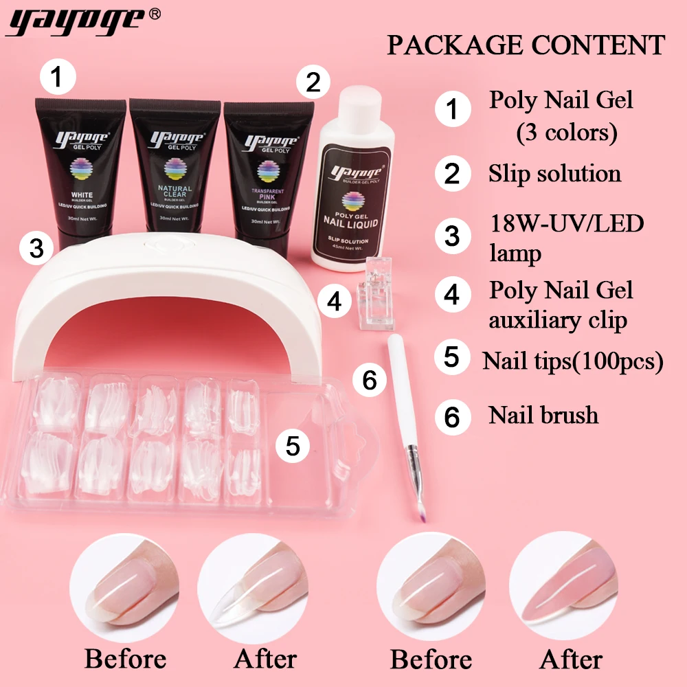 Yayoge Poly Gel Kit 18W Мини УФ LED Lamp Nail Builder Gel For расширение Лаки лак для ногтей полигель быстрый жесткий акриловый здания