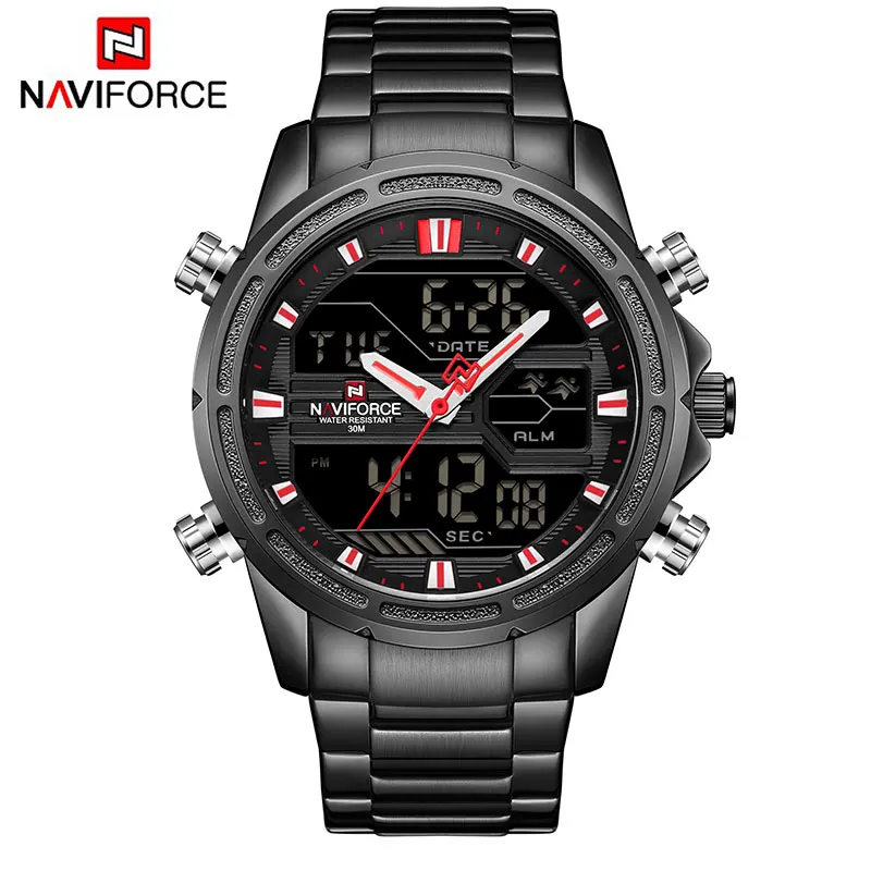 NAVIFORCE люксовый бренд мужские военные спортивные часы мужские модные армейские кварцевые часы мужские из нержавеющей стали светодиодный аналоговые цифровые часы - Цвет: Black Red-S