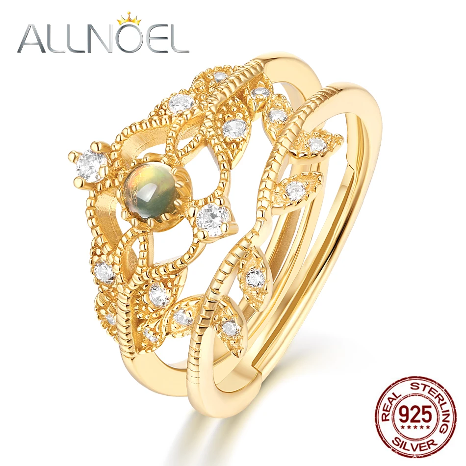 ALLNOEL,, одноцветное 925 пробы Серебряное кольцо для женщин, натуральный опал, циркон, бриллиант, полый цветок, лоза, штабелирование, хорошее ювелирное изделие