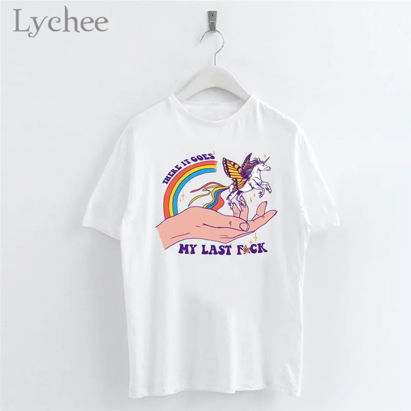 

Lychee Harajuku Flying Horse Rainbow Print Women T Shirt Casual Short Sleeve O-Neck White T Shirt Tee Top Female