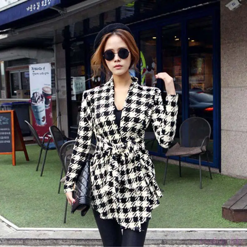 

Hot Sale 1PC New Women Clothing Korean Womens Houndstooth Pattern Thin Cardigan Coat Jackets Outwear New