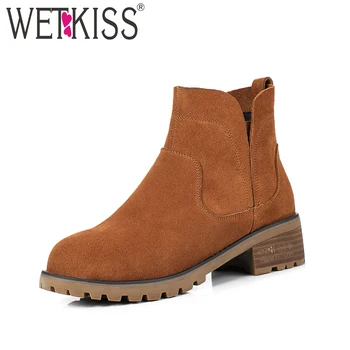 

WETKISS Spring Women Ankle Boots Elastic Band Round Toe Cow Suede Footwear 2019 Fashion Autumn Fashion Thick Heels Ladies Shoes