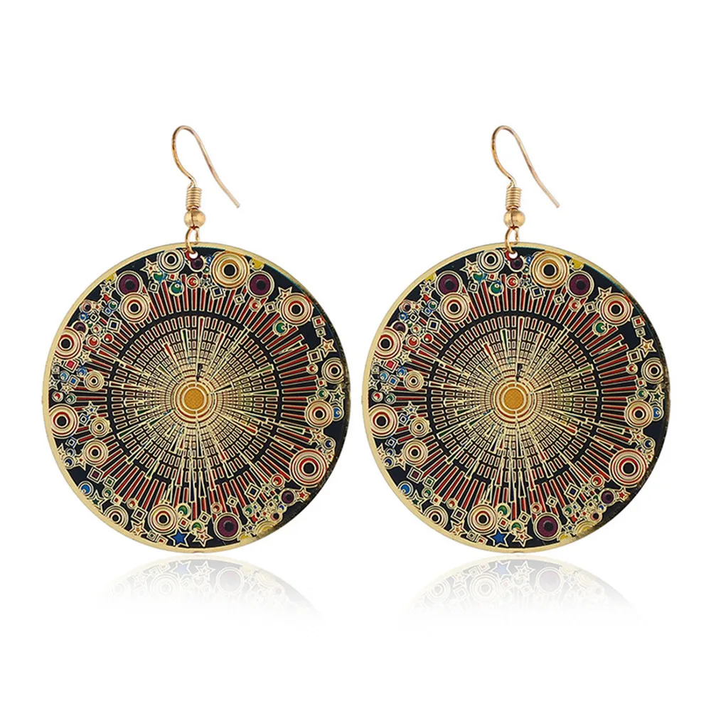 

CRLEY Fashion jewelry round earrings ethnic style color drop earrings retro flower enamel pendant earrings for women jewelry