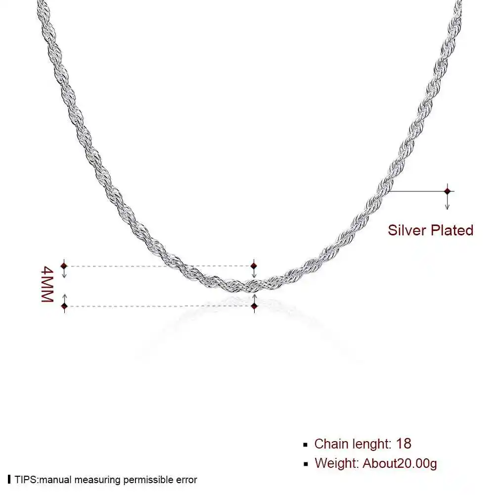 CN4 4 мм 16 18 20 22 24 твист веревка цепи ожерелье, модные ювелирные изделия 925 штамп серебряные ювелирные изделия ожерелья для мужчин и женщин