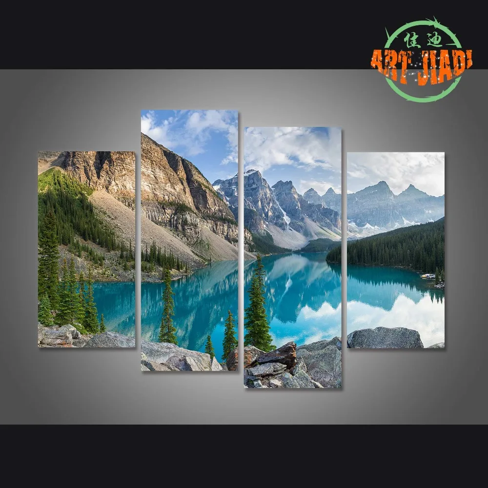 4 Pieces/sets Canvas Art Rocky Mountains With Lake In Canada Canvas