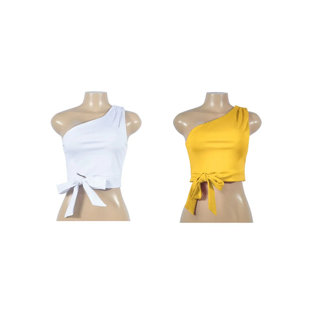 

Summer Beach T-Shirt Female One Shoulder Crop Tops 2019 Fashion Clothes Bare Midriff Tops Sleeveless Summer Women Lady