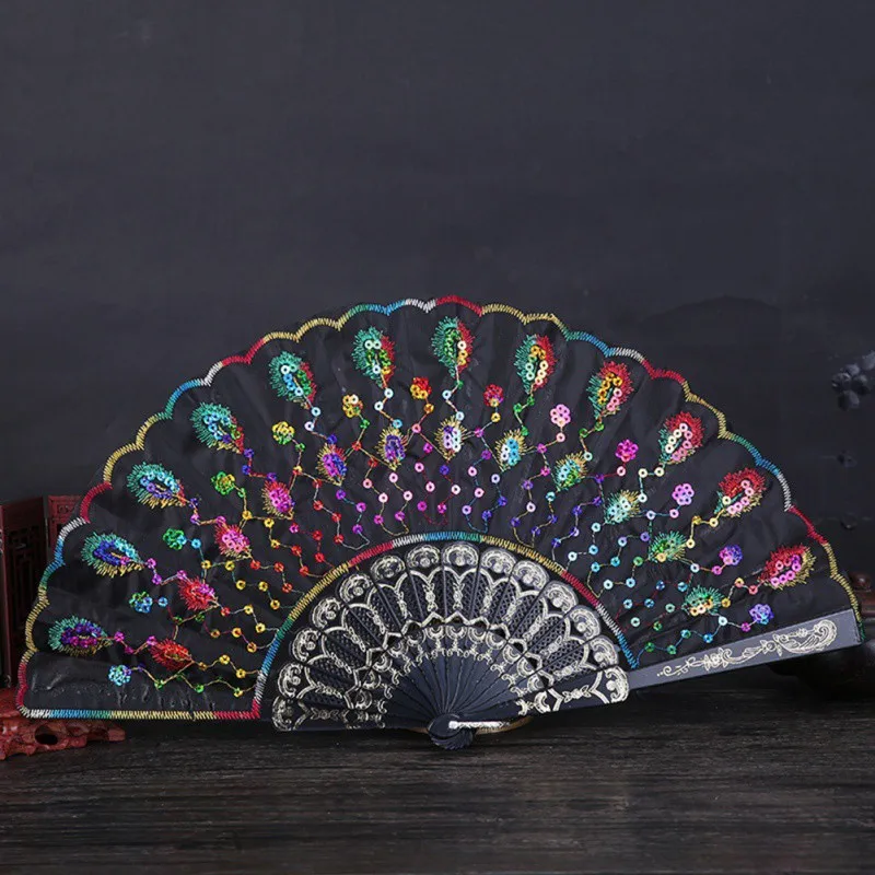 

Colorful Embroidered Flower Peacock Pattern Sequin Fabric Folding Handheld Hand Fan Hand Crafted