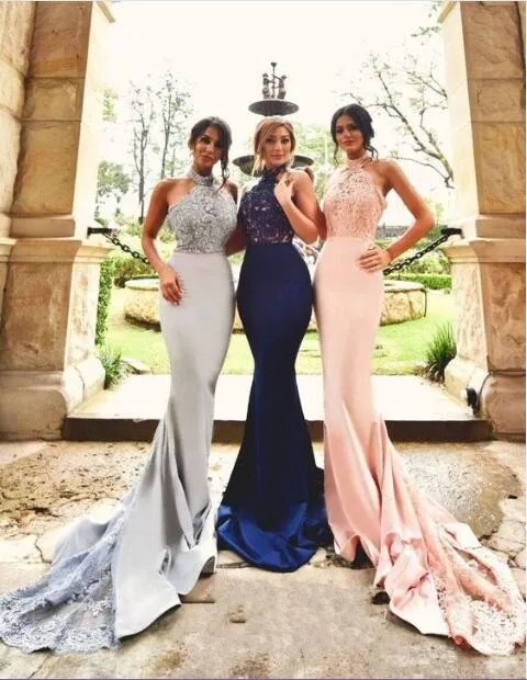 Navy Silver Pink Satin Lace Lique Halter Long Mermaid Bridesmaid Navy Silver Pink Satin Lace Lique Halter Long Mermaid Bridesmaid Dresses Maid Of Honor Dress For