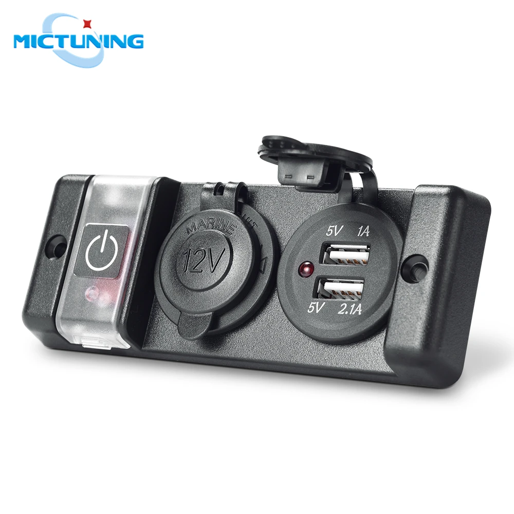 

MICTUNING Pre-wired 12V Breaker Switch Panel Dual USB Socket Charger 2.1A/1A W/ LED Indicator & Cigarette Lighter Socket for Car