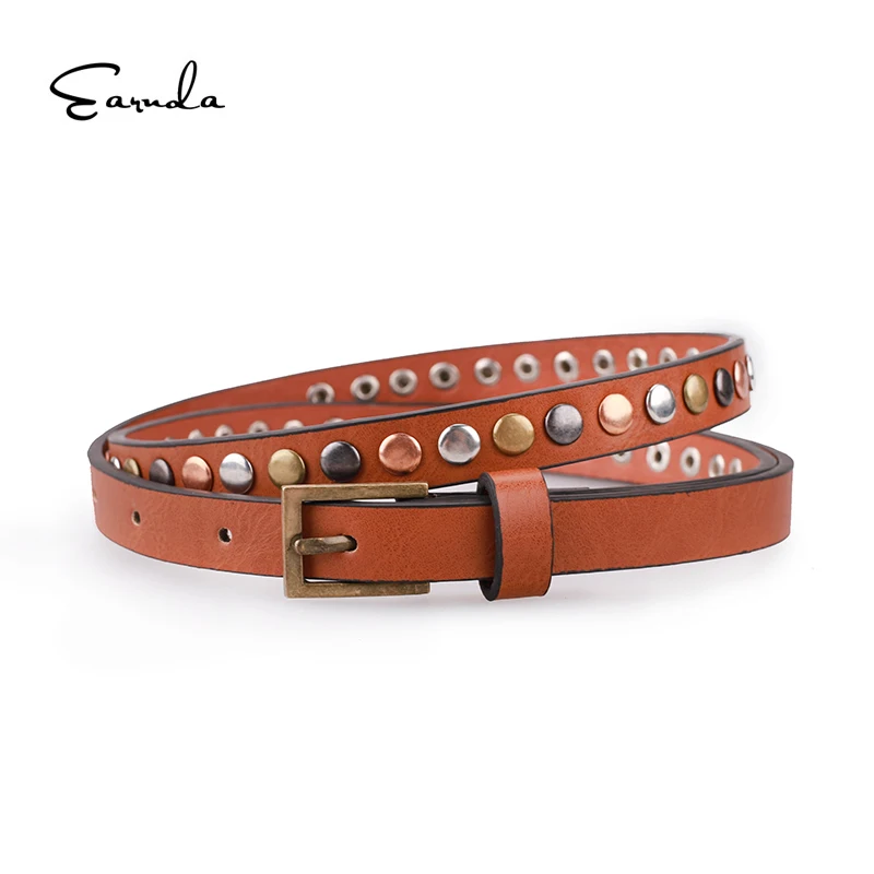 

Earnda New Punk Style Riveting Narrow Rivets Belts For Women PU Leather Female Belt Waist Belt For Ladies Jeans Free Shipping