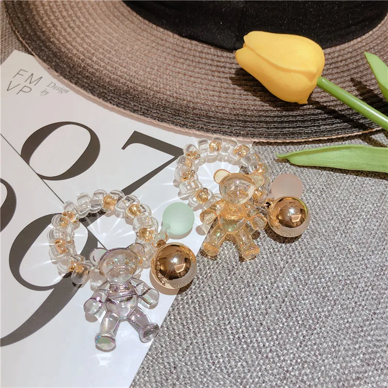 

HZ 2019 Sweet Lovely Cute Transparent Bear Golden Beads Telephone Cord Elastic Simple Hair Rope Hair Accessories for Girl Daily