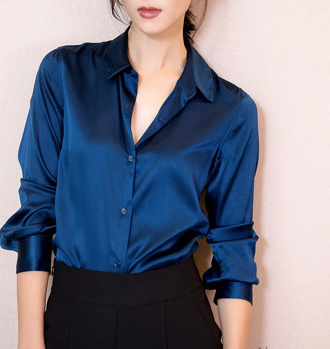 S xxxl moda mujeres oscuro azul del satén de seda blusa