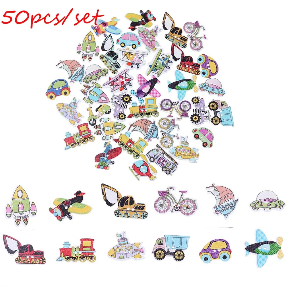 

50 Pcs Mixed Decorative Transportation Rattan Wooden Sewing Holes Flatblck Scrapbook Buttons Mixed Sewing Buttons