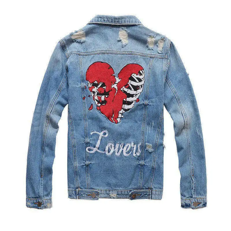 Mcikkny Fashion Men's Ripped Denim Jackets Skull Heart Embroidery Jean Jackets Retro Style Streetwear Coats For Male Size M-4XL  (2)