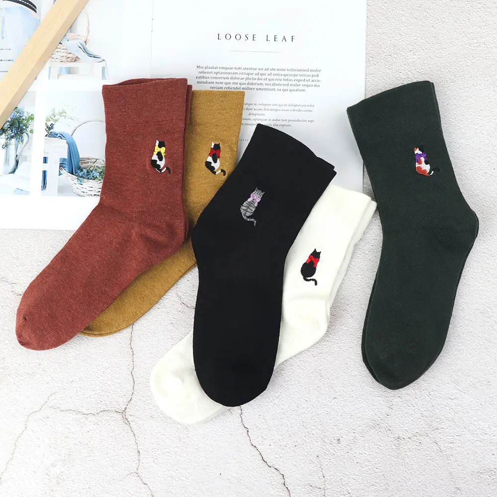 Fashion Lovely Women Cotton Soft Socks Embroidery Cat Printed Socks ...