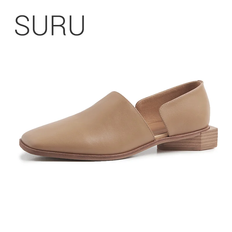 

SURU Women Natural Leather Flats With Square Heel Slip-on Shoes