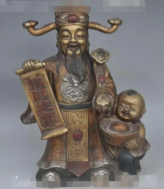 

S05982 chinese bronze gilt silver Mammon ruyi yuanbao dragon Jambhala boy lad statue