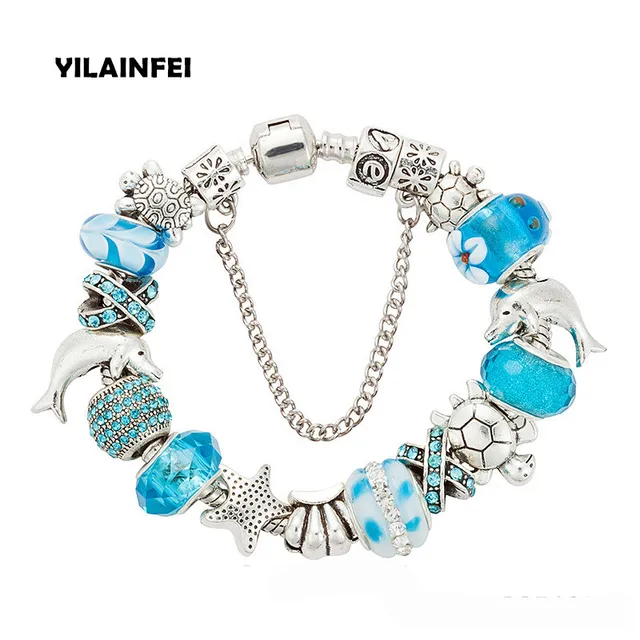 Yilianfei Silver Plating Color Ocean Collection Cute Charm Bracelets Yilianfei Silver Plating Color Ocean Collection Cute Charm Bracelets Bangles With Blue Chamilia Beads For