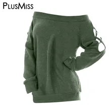 PlusMiss размера плюс сексуальное платье с открытыми плечами, Футболки Для женщин зима-осень с длинными рукавами и отверстиями на верхнем слое на шнуровке повседневные футболки большие Размеры