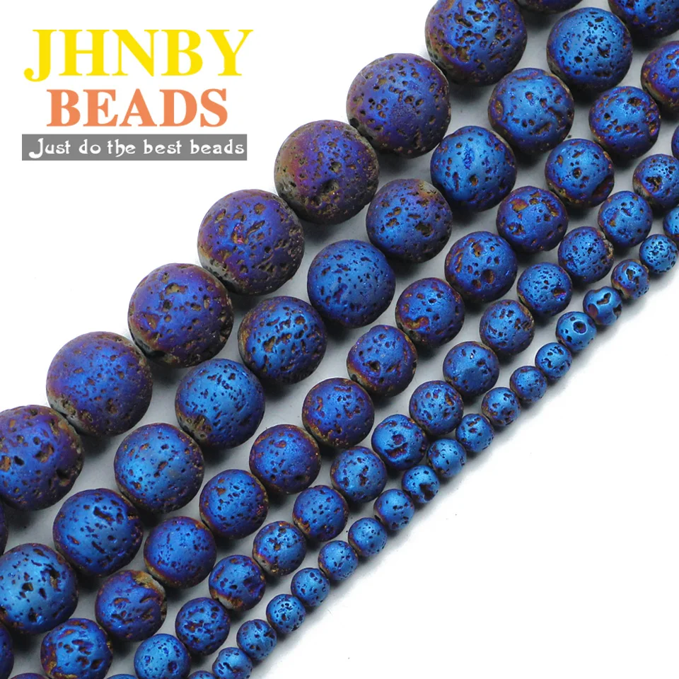 

JHNBY Blue Plating Natural Lava Stone 4/6/8/10/12MM Round Loose beads for Jewelry men bracelets&necklace Making DIY Accessories