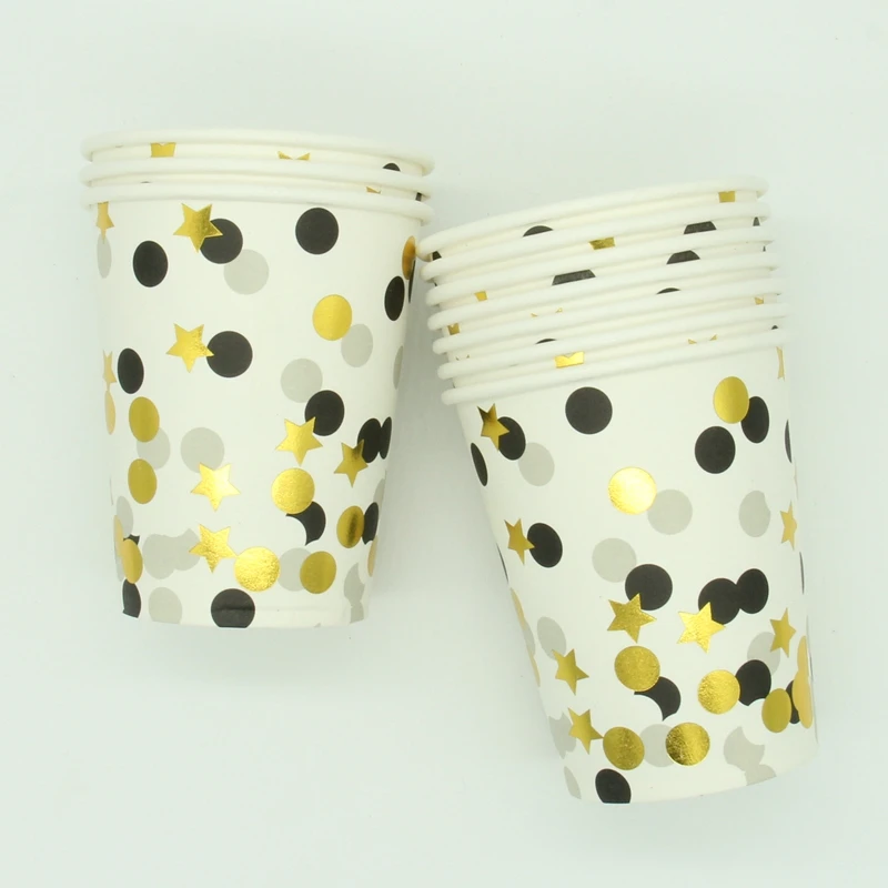 

10pcs Black Dot Gold Stars Paper Cups Disposable Tableware Wedding Birthday Decorations Baby Shower For Kids Girls Boys