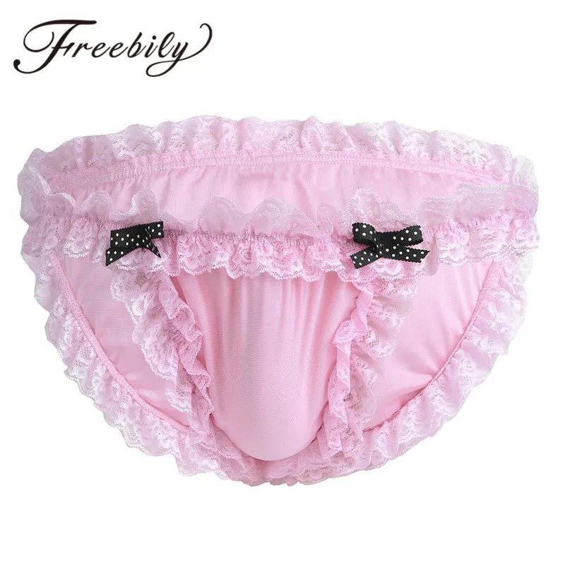FREEBILY Elegant Men Lingerie Sissy Maid Floral Lace Soft Bikini Briefs Sexy Male Underwear Cute Gay Underwear Homme Underpants