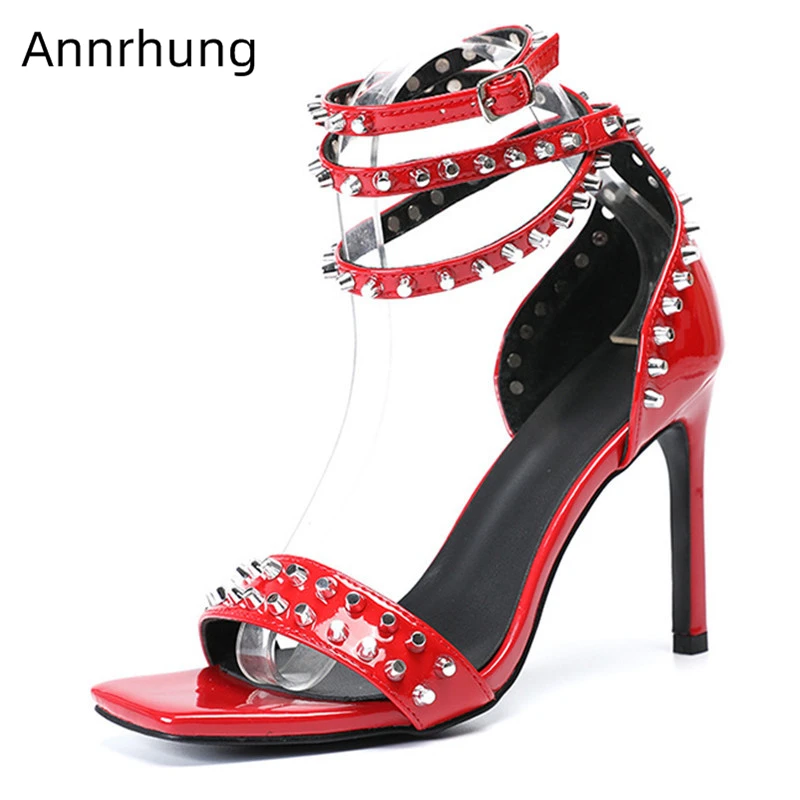 

Punk Style Rivet Women Sandals Gladiator High Heels Sexy One Strap Thin Heel Summer Shoes Woman Studded Ankle Strap Sandalias