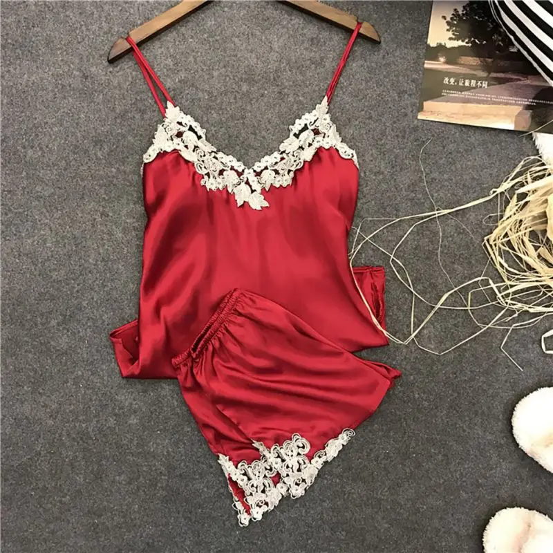 

ETOSELL Sexy Silk Satin Pajamas Sets Sexy V-Neck Sleepwear Soft Split Shorts Suits Summer Homewear Sleeveless Pijama For Women