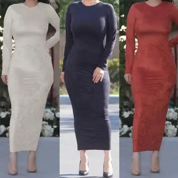 

Long Robe Kaftan Muslim Women Long Sleeve O-Neck Dress Bodycon Soild Color Islamic Turkey Ladies Clothing Abaya Dubai New
