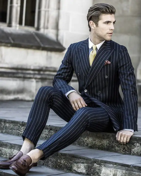 2018 Pantalones azul marino doble breasted Stripe Custom