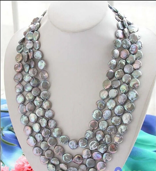 

Free shipping Long 100" 14mm gray coin freshwater pearl cultured necklace 6.09