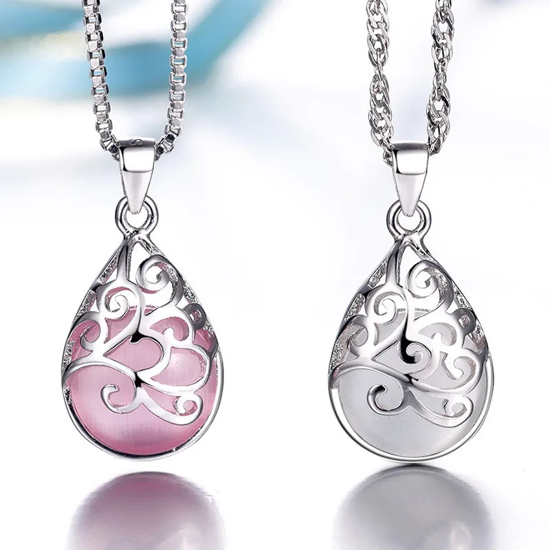 Crystal Moonstone Flower Necklace Hollow Water Drop Pendant Necklaces