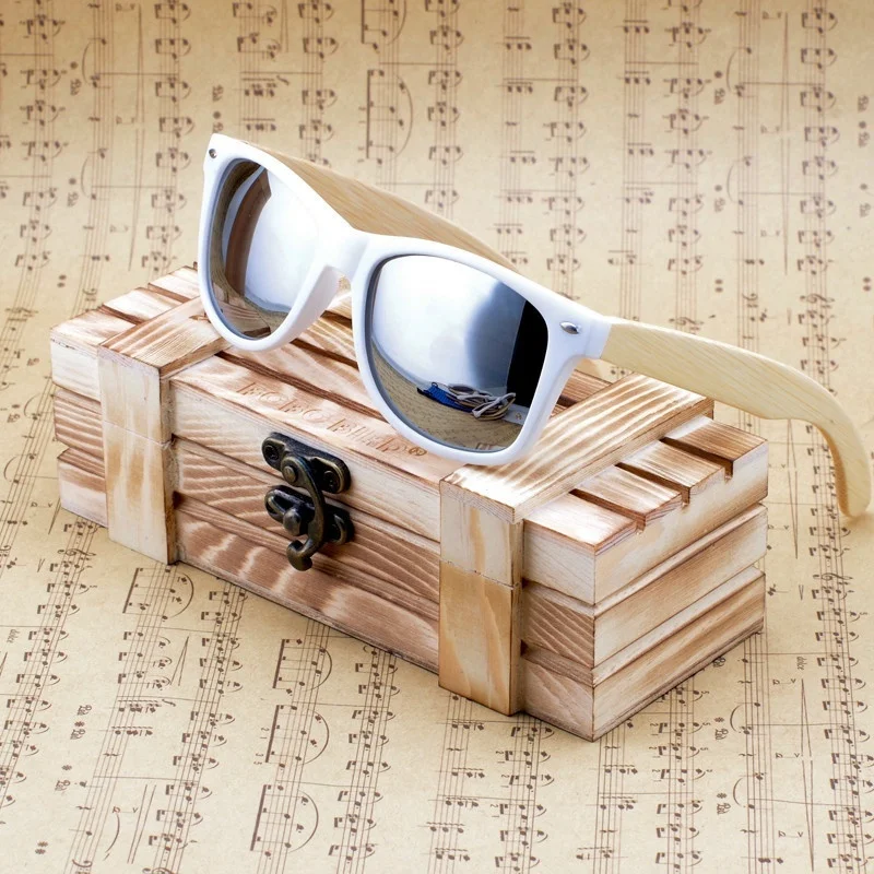 

BOBO BIRD Womens Mens Bamboo Wooden Sunglasses White Frame eyewear With Coating Mirrored UV 400 Protection Lenses in Wooden Box