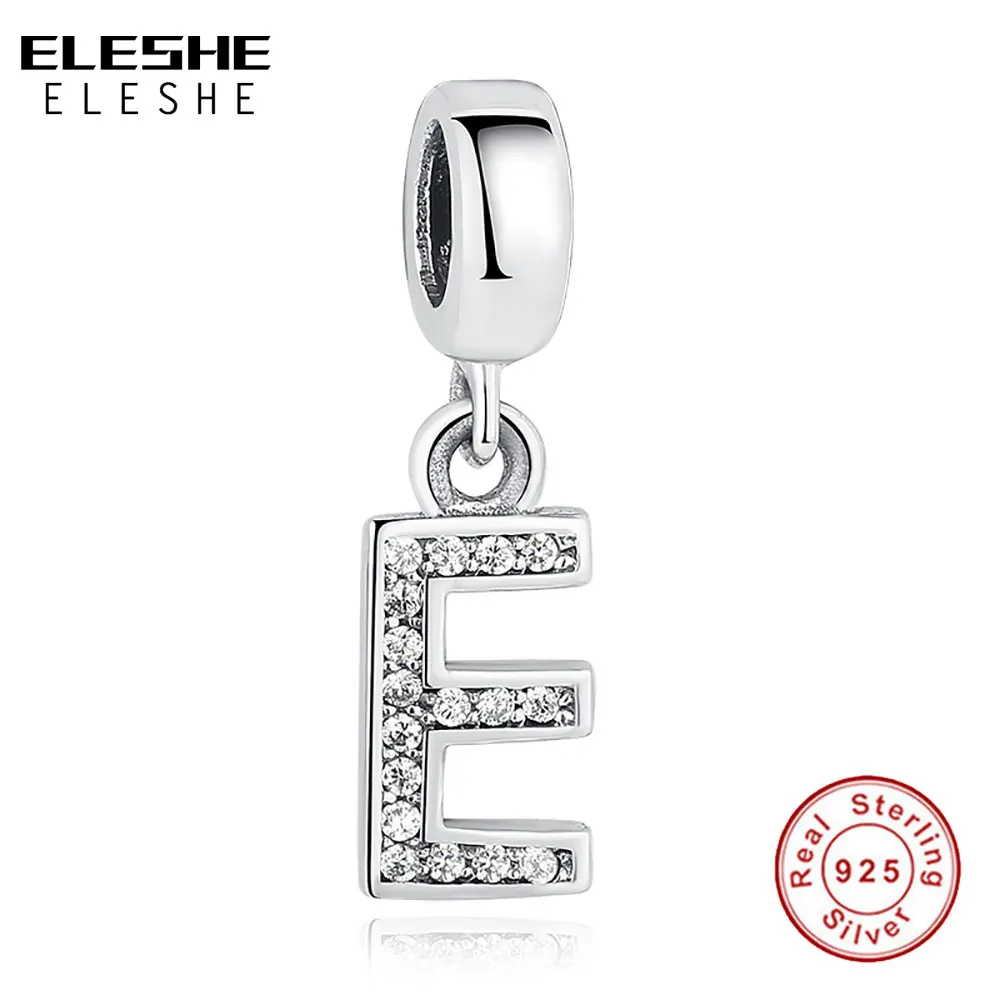 ELESHE 100% 925 Sterling Silver Letter E Crystal Charms Fit Original Bracelets Necklaces Authentic Jewelry Accessories