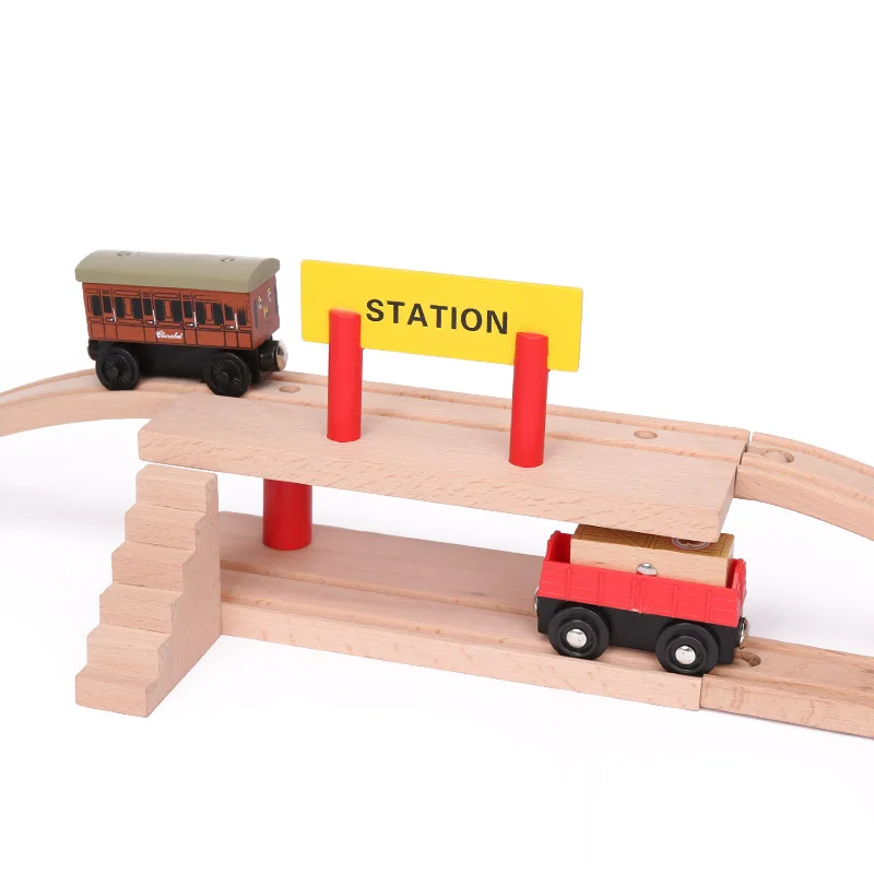 

Double-deck Station Wooden Train Track Accessories Toy Tunnel Track Train Slot Wood Railway Toys for kid bloques de construccion